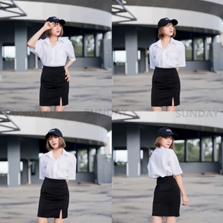 เสื้อนักศึกษาทรงบอย ทรงบอยแขนสามเหลี่ยม เสื้อเชิ้ตแขนสั้นสีทึบ พร้อมส่ง