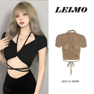 เสื้อยืดท็อปเซ็กซี่ ตัวสั้น แต่งสายคล้องคอ สําหรับผู้หญิง
