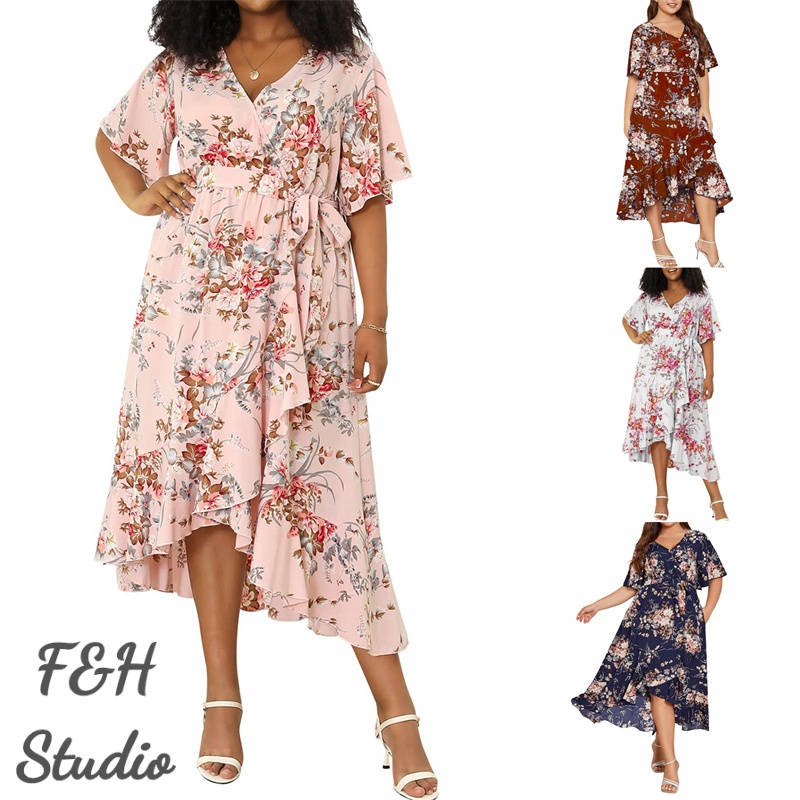 F&H 3351-4 สี L-4XL ชุดเดรสคอวีเอวสูงไม่สม่ําเสมอพร้อมกระเป๋า