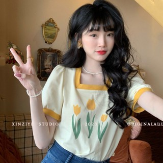 MA เสื้อยืดแขนสั้น คอแบน พิมพ์ลายดอกเดซี่ แฟชั่นฤดูร้อน สําหรับผู้หญิง VV0R