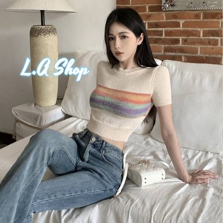 L.A Shop พร้อมส่ง เสื้อไหมพรมแขนสั้น คอกลม ดีเทลคาดรุ้งน่ารักมาก "45667" -C