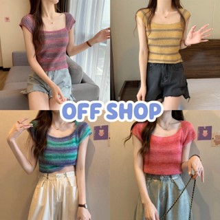 OFF SHOP พร้อมส่ง (OFF-H015) เสื้อไหมพรมแขนสั้น เว้าหลังผูกหลัง ดีเทลสีสันสดแจ่มมาก  -C