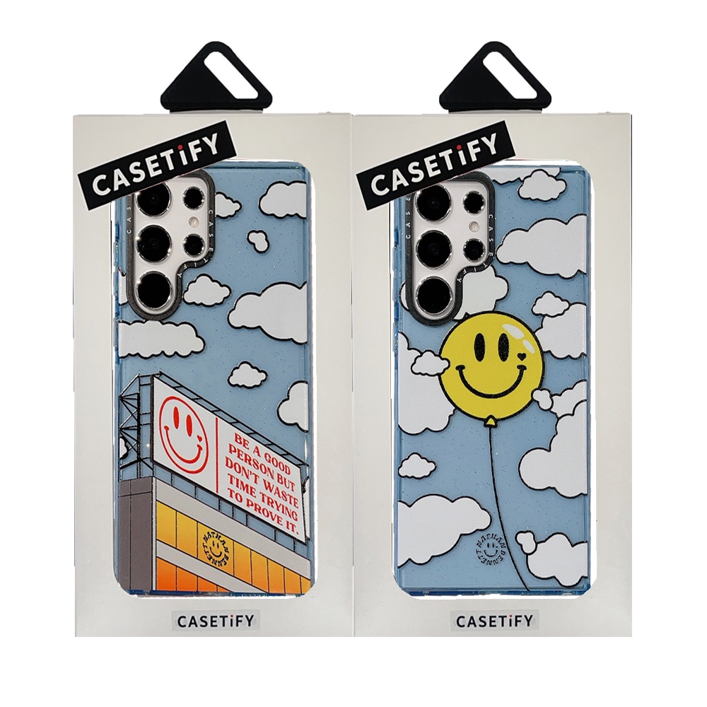 CASETIFY เคสโทรศัพท์มือถือแบบนิ่ม TPU กันกระแทก ลายหน้ายิ้ม แต่งกลิตเตอร์ พร้อมกล่องบรรจุ สําหรับ Samsung Galaxy S23 Ultra Plus S22 Ultra【Be a Good Person】