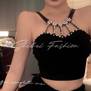 เสื้อสายเดี่ยวมุกดำ Summer Halter Neck Strap ท่อนบนสุดเซ็กซี่สลิม พร้อมแผ่นรองหน้าอก