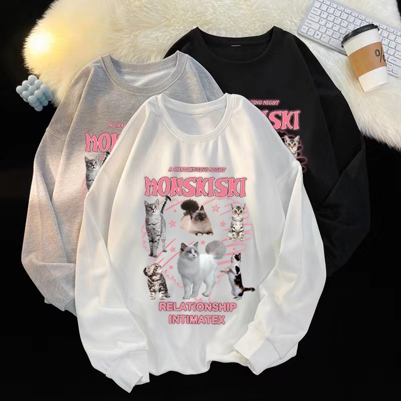 เสื้อกันหนาวแขนยาว คอกลม ทรงหลวม ลายแมวน่ารัก สไตล์เกาหลี สําหรับผู้หญิง และนักเรียน