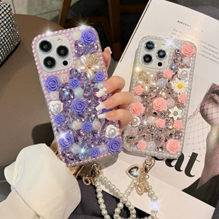 เคส case iPhone 14 Pro Max 13 12 11 Pro Max XS Max XR 7 8 6 6S Plus 13 12 miniโทรศัพท์มือถือ ประดับพลอยเทียม กลิตเตอร์ พลอยเทียม ลายผีเสื้อ ดอกกุหลาบ 3D พร้อมสายโซ่คล้อง หรูหรา สําหรับ