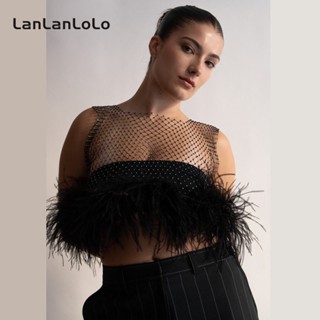 Lanlanlolo เสื้อกล้ามซีทรู แขนกุด คอกลม แต่งกลิตเตอร์ สีพื้น เซ็กซี่ สําหรับผู้หญิง 2023