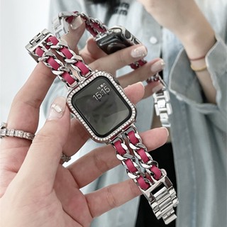 เคสนาฬิกาข้อมือ สายหนัง โลหะ ประดับเพชร สําหรับ Smart Watch Ultra 8 7 6 5 se 4 3 2 iWatch Band 49 38 40 44 41 45 มม.