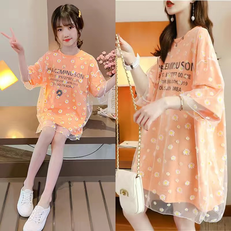 [BXH]110-160CM ชุดเดรสเด็กผู้หญิง ชุดแม่ลูกสาว ชุดเดรสตาข่ายเดซี่สไตล์ฤดูร้อนใหม่ ชุดแม่ลูกสาวส่วนบุคคล ชุดเดรสเสื้อยืดทรงหลวม
