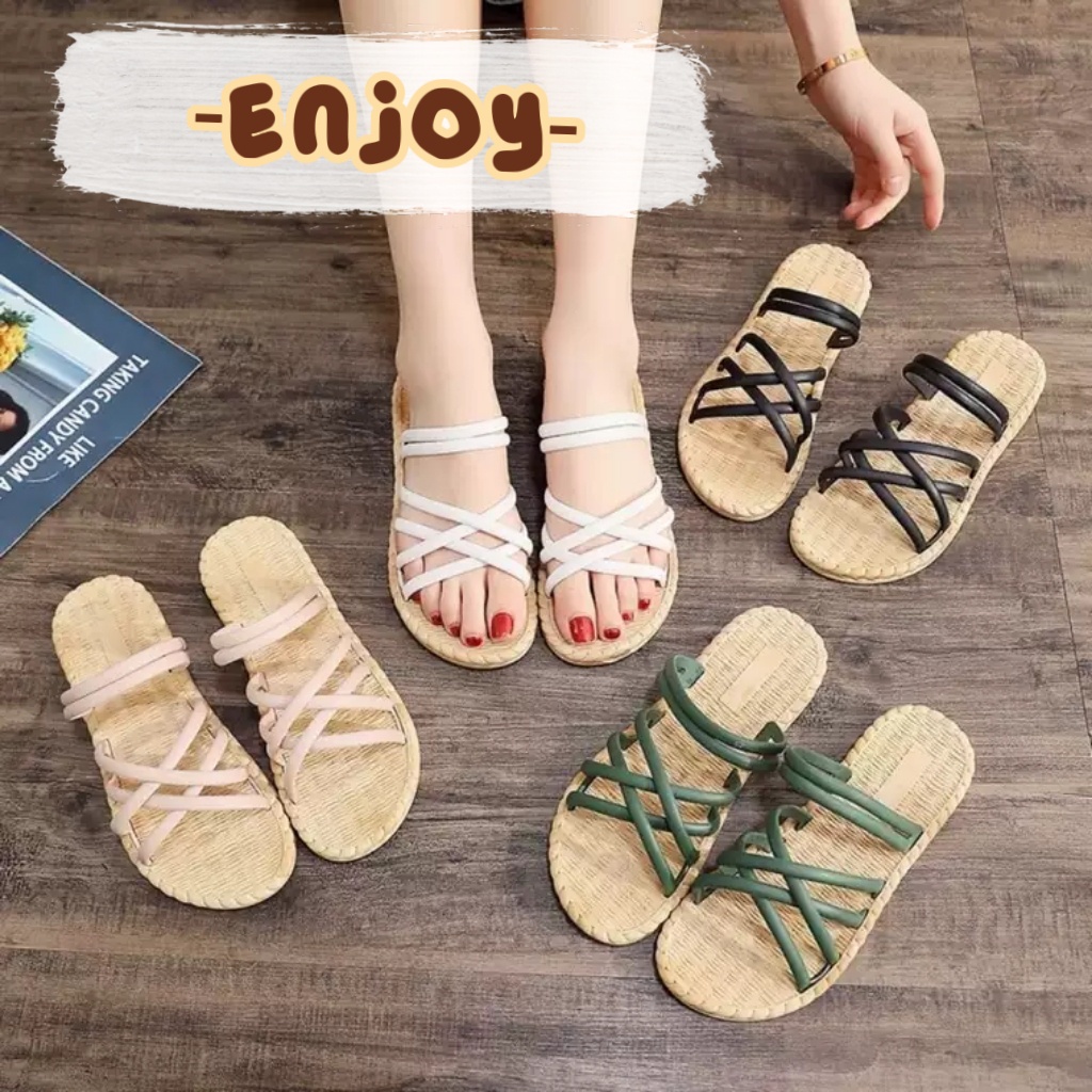 🍓EnJoy🍓 พร้อมส่ง (LT-MST) รองเท้า แตะแบบสวม สายรัดไขว้ตัวX  พื้นลายสาน