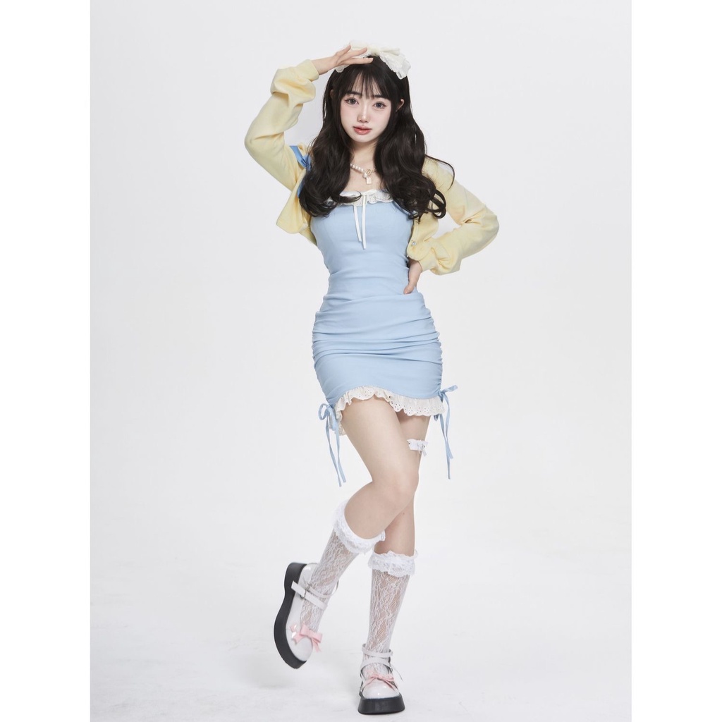 Fairy🍒ชุดเซ็ทเสื้อสายเดี่ยว กระโ กระโปรงฮิป เสื้อคาร์ดิแกน 2 ชิ้น สไตล์หวานใสน่ารัก - รูปที่ 3