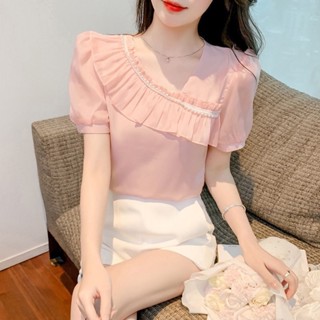 เสื้อเชิ้ต คอปกเฉียง แต่งระบาย สีพื้น แฟชั่นฤดูร้อน สําหรับผู้หญิง