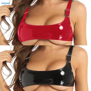 【HODRD】Spansex Sexy Womens Bralette Crop Top with Wet Look PVC Material in Red and Black【Fashion】