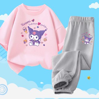 SANRIO เสื้อยืดแขนสั้นลําลอง พิมพ์ลายการ์ตูน Kuromi และกางเกง แฟชั่นฤดูร้อน สําหรับเด็กผู้หญิง จํานวน 2 ชิ้น