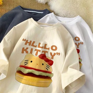 เสื้อยืดแขนสั้น คอกลม ทรงหลวม ลายแฮมเบิร์กคิตตี้น่ารัก แฟชั่นสไตล์เกาหลี สําหรับผู้หญิง