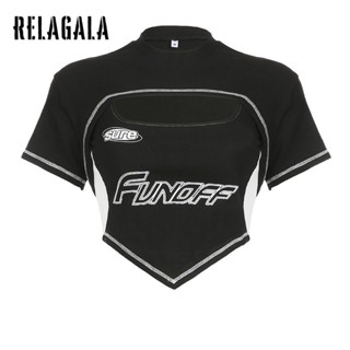 Relagala ใหม่ เสื้อยืดลําลอง แขนสั้น พิมพ์ลายโมโนแกรม สีตัดกัน สําหรับสตรี 2023