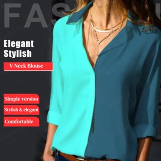 Musthave เสื้อเบลาส์ คอวี บล็อกสี แฟชั่นฤดูใบไม้ร่วง สําหรับผู้หญิง