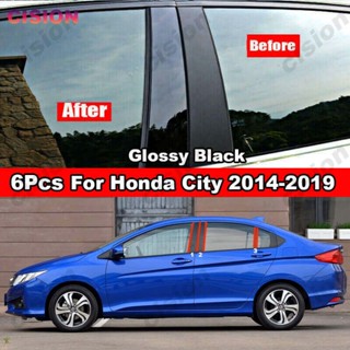 สติกเกอร์คาร์บอนไฟเบอร์ สีดํามันวาว สําหรับติดเสาประตูหน้าต่างรถยนต์ Honda City 2014-2019 6 ชิ้น