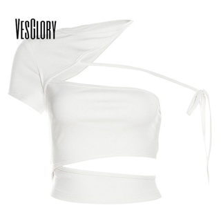 Vesglory เสื้อครอปท็อป คอกลม แขนสั้น สีพื้น เซ็กซี่ สําหรับผู้หญิง 2023