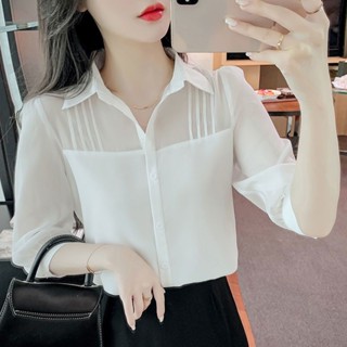 เสื้อเชิ้ต ผ้าชีฟอง สีพื้น พลัสไซซ์ แบบเรียบง่าย แฟชั่นฤดูร้อน สําหรับผู้หญิง