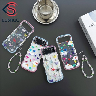 Lushuo เคสโทรศัพท์มือถือแบบใส ลายนกกระเรียนน่ารัก พร้อมสร้อยข้อมือ สําหรับ Samsung Galaxy Z Flip 3 5G and Z Flip 4 Z Flip3 ZFlip3 ZFlip 3 Z Flip4 ZFlip 4