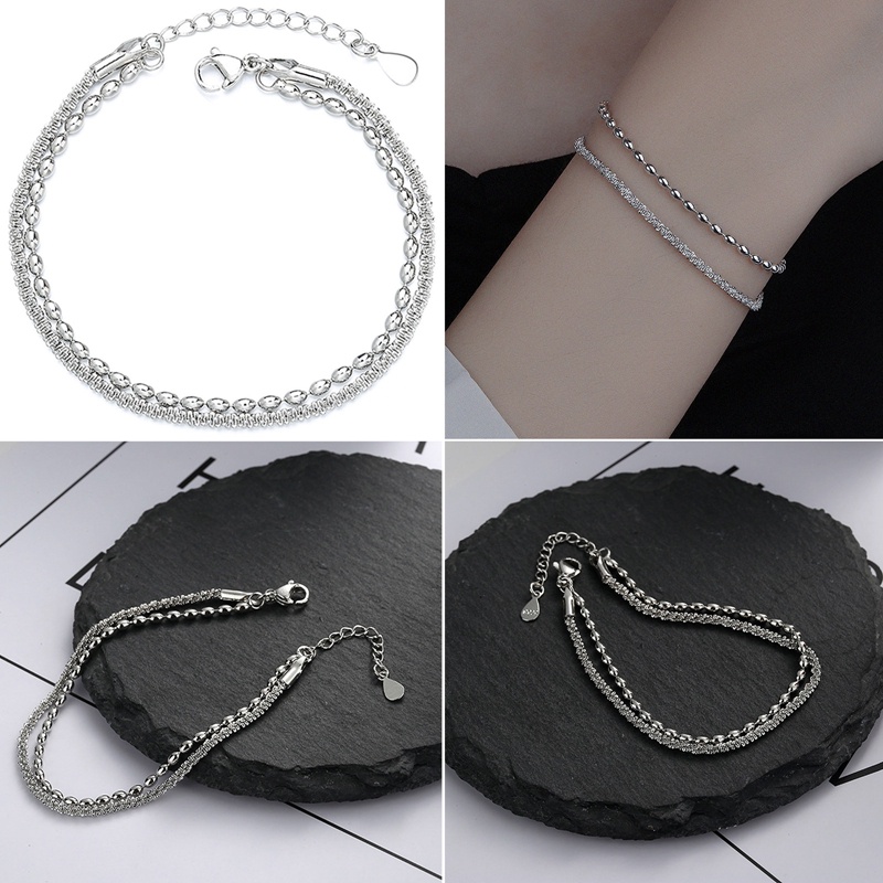 Fancy ใหม่ สร้อยข้อมือเงินแท้ 925 ประดับลูกปัด สองชั้น สวยหรู เรียบง่าย เครื่องประดับแฟชั่น สําหรับผู้หญิง