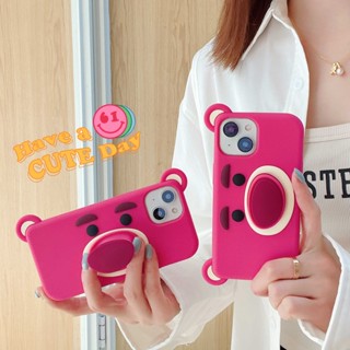 เคสโทรศัพท์มือถือ ซิลิโคนนิ่ม TPU กันกระแทก ลายหมีสตรอเบอร์รี่ 3D พร้อมขาตั้ง สําหรับ Apple IPhone 14 13 12 11 Pro Max