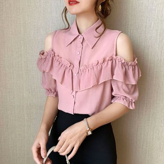 Shoulder-exposed Ear-rimmed Chiffon Shirt Womens 2023 Summer New Style Elegant Ladies Top Stitching Western-style Short-sleeved Shirt