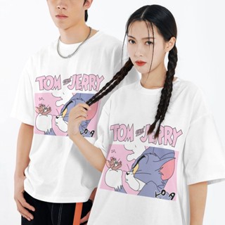 เสื้อ ทอมแอนด์เจอร์รี ทรงหลวม cotton Tom and Jerry แขนสั้นคอกลม แฟชั่นคู่รัก พิมพ์ลายการ์ตูน ผู้ชายและผู้หญิงสามารถใส่