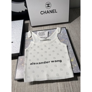 HLTN Alexander Wang spring and summer new style hidden shoulder strap rhinestone letter logo decorative design knitted camisole sexy