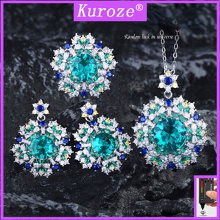 Kuroze หรูหรา มรกต สร้อยคอแฟชั่น สีเขียว เพชร ดอกไม้ จี้ สร้อยคอ สีอัญมณี ต่างหูสตั๊ด และแหวน เครื่องประดับชั้นดี