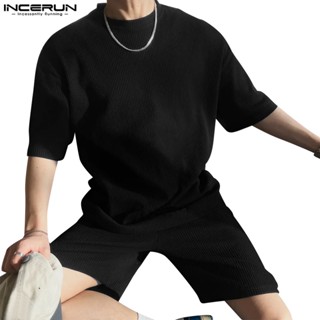 Incerun ชุดสองชิ้น ลายทาง เรียบง่าย สําหรับผู้ชาย