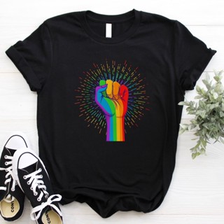 เสื้อยืดพิมพ์ลายรุ้งพร้อมกำปั้นสีรุ้งเสื้อยืดลายธง Lgbtq [S-5XL]