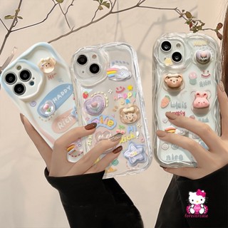 เคสโทรศัพท์มือถือ TPU นิ่ม ขอบโค้ง ลายการ์ตูนหมี กระต่าย 3D สีรุ้ง สําหรับ IPhone 11 14 12 13 Pro Max 7Plus 6s 8 6 7 Plus XR XS X Max SE