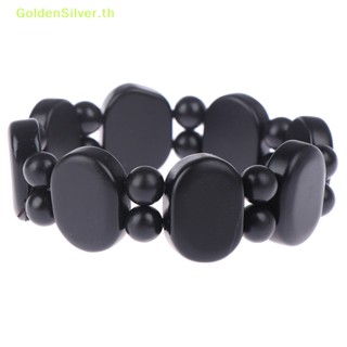 Goldensilver สร้อยข้อมือ ลูกปัดหินเบียนชิธรรมชาติ สีดํา แฟชั่น สําหรับผู้ชาย และผู้หญิง