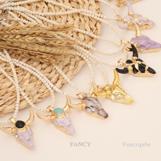 Fancy สร้อยคอ จี้รูปหัวกระทิง ราศี สไตล์โบฮีเมียน ลูกปัดเทอร์ควอยซ์ สําหรับผู้หญิง