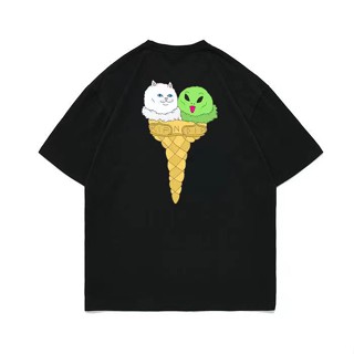 Tide brand RIPNDIP เสื้อยืดแขนสั้น ผ้าฝ้าย พิมพ์ลายแมวไอศกรีม แฟชั่นฤดูร้อน สําหรับคู่รัก