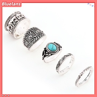 Bluelans แหวนแกะสลัก รูปช้าง สีเขียวขุ่น สไตล์วินเทจ สําหรับผู้หญิง 5 ชิ้น ต่อชุด