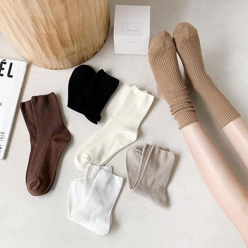 ถุงเท้าสตรีลายทางสไตล์เกาหลี ถุงเท้าผ้าฝ้ายสีทึบ สวมใส่สบาย สามารถเลือกสีได้ 6 สี - รูปที่ 5