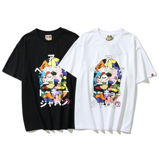 เสื้อยืด ผ้าฝ้ายแท้ พิมพ์ลายหัวฉลาม และตัวอักษร ทรงหลวม สีสันสดใส แฟชั่นฤดูร้อน สําหรับผู้ชาย และผู้หญิง