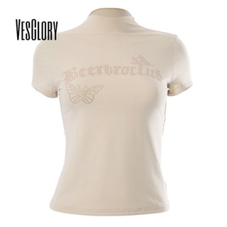 Vesglory เสื้อครอปท็อป แขนสั้น คอสูง พิมพ์ลายตัวอักษร ผีเสื้อ สีตัดกัน เซ็กซี่ สําหรับผู้หญิง 2023