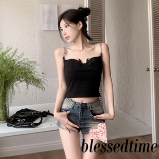 Blessedtime- เสื้อครอปท็อปแขนกุด แต่งสายโซ่คล้องไหล่ เปิดหลัง สีพื้น สไตล์สตรีท เหมาะกับฤดูร้อน สําหรับผู้หญิง