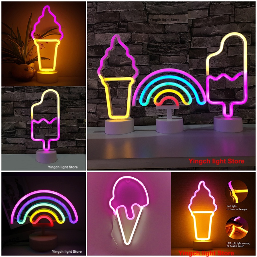 โคมไฟนีออน LED ไอศกรีม ไอติม ป้ายสายรุ้ง โมเดลหลอดไฟ ตกแต่งร้านเครื่องดื่ม ห้องปาร์ตี้ ผนัง ศิลปะ งานแต่งงาน ของขวัญคริสต์มาส