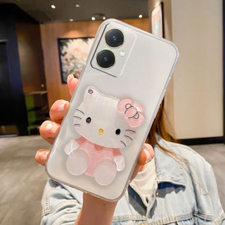 พร้อมส่ง เคสโทรศัพท์มือถือ ซิลิโคนนิ่ม TPU ใส บางมาก กันรอยเลนส์กล้อง ลาย KITTY พร้อมกระจก สําหรับ VIVO Y27 4G Y27 5G 2023 Y27