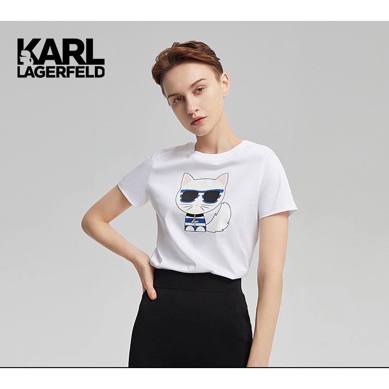 KARL LAGERFELD ใหม่สีขาวพิมพ์ COTTON SHORT-SLEEVED เสื้อยืด LAFAYETTE LAFAYETTE