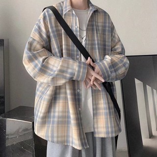 เสื้อเชิ้ตแขนยาว เข้ารูป ลายสก๊อต สีกากี สไตล์เกาหลี สําหรับผู้ชาย