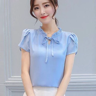 เสื้อแขนสั้น ผ้าชีฟอง สีพื้น แฟชั่นฤดูร้อน สําหรับผู้หญิง