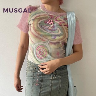 Musgal เสื้อครอปท็อป คอกลม แขนสั้น พิมพ์ลายการ์ตูน ทรงสลิมฟิต หลากสี แฟชั่นสําหรับผู้หญิง 2023