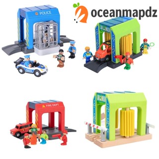 Oceanmapdz รถไฟไม้ รางรถไฟของเล่น, บล็อกตัวต่อ เชื่อมต่อ ห้องล้างรถ, ของเล่นพลาสติกจําลอง Fire Dept Urban DIY พลาสติก เด็กวัยหัดเดิน ของเล่นเด็ก