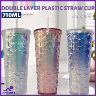 Starbucks Fish Scale Cup Ins Hot Style Double Layer Plastic Straw Cup 710Ml Nice Gifts Couple Gifts -AME1 -AME1